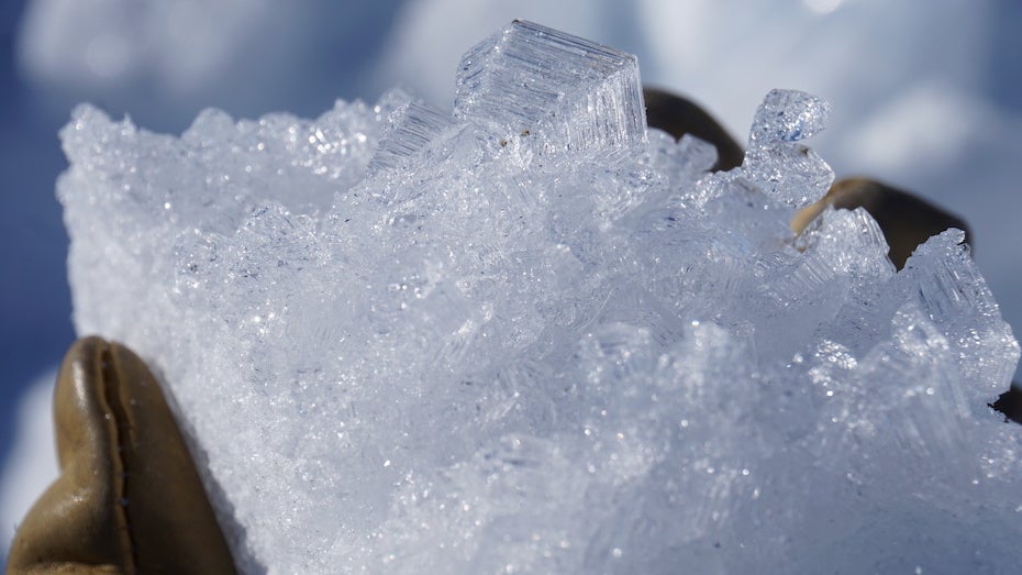 An excavated sample of the ice crystals illustrates their massive crystalline structure