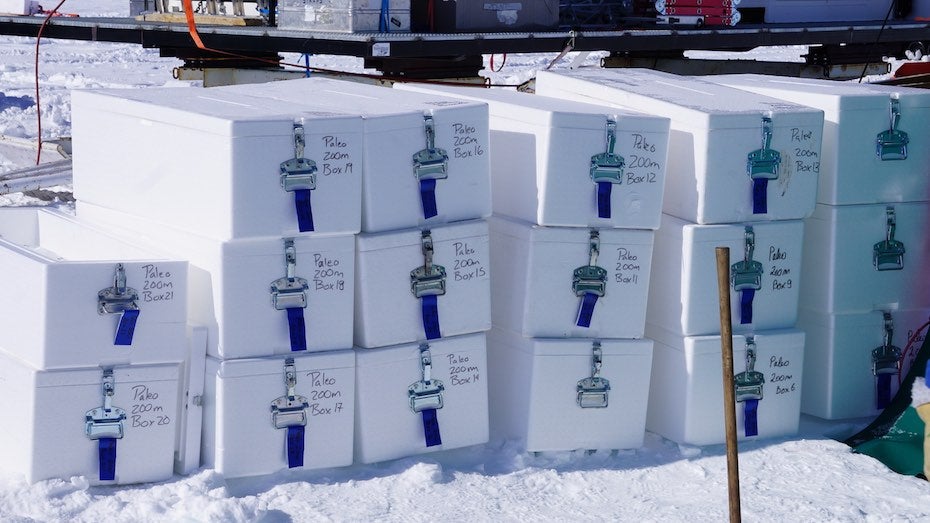 Several Styrofoam boxes containing drilled ice cores