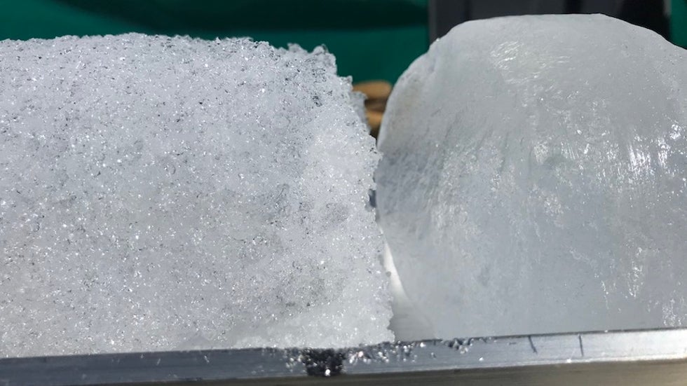 Sections of ice core from the firn stage (left) and ice stage (right)