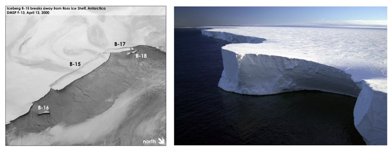 Satellite image and photo of iceberg B15