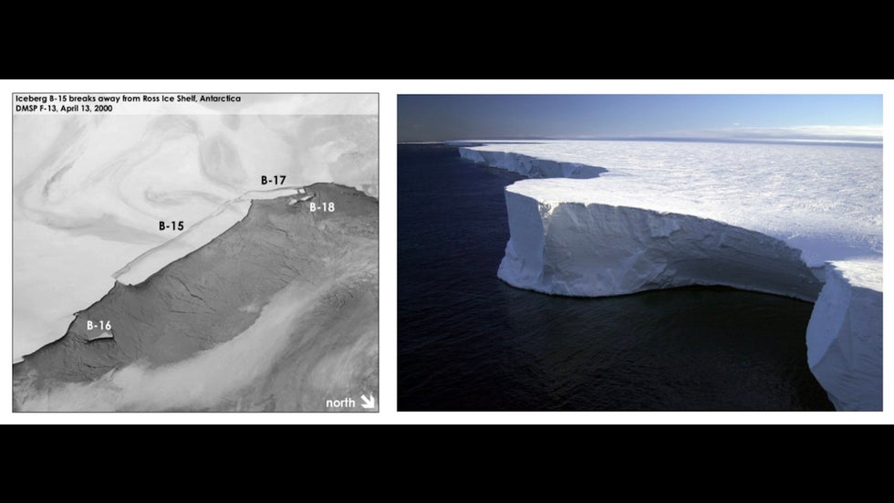 Satellite image and photo of iceberg B15