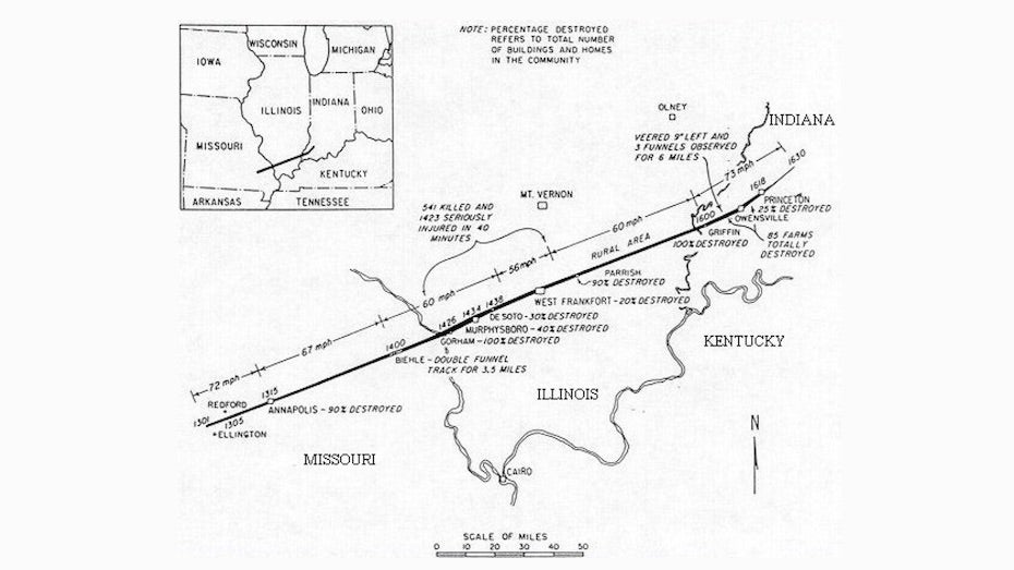 The path of the Tri-State Tornado (at times rated as a F5) of March 18, 1925, in its full, originally calculated length of 219 miles. Subsequent research found that the longest unbroken damage path within this track was apparently 151 miles long. This was the deadliest single tornado in U.S. history. Murphysboro, Illinois, saw 234 people lose their lives, the largest number of fatalities related to a single tornado on record for any U.S. community.The Weather Channel produced a short documentary about the historic storm.(Graphic courtesy &ldquo;Illinois Tornadoes&rdquo;, by John W. Wilson and Stanley A. Changnon, Jr., Illinois State Water Survey [1971]).