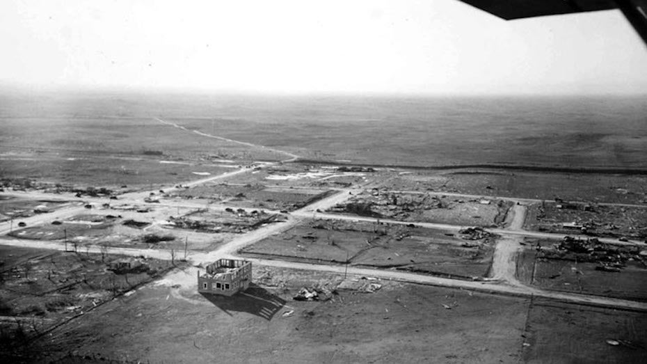 Aerial view of damage in Glazier, TX, from tornado on 4/9/47