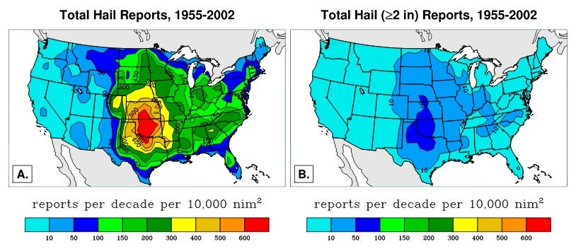 Maps of U.S. hail reports, 1955-2002