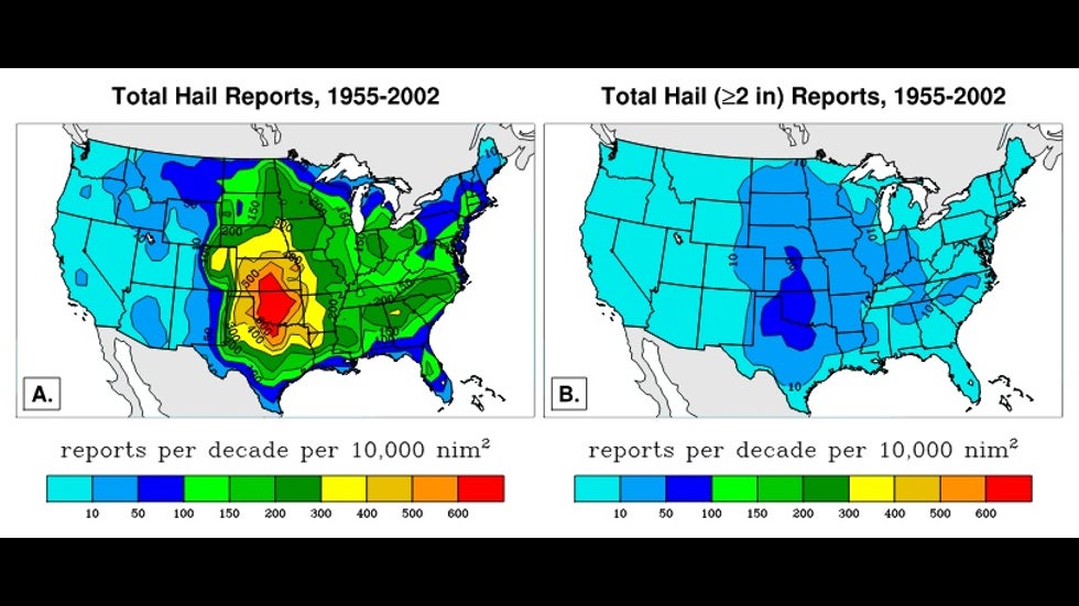 Maps of U.S. hail reports, 1955-2002