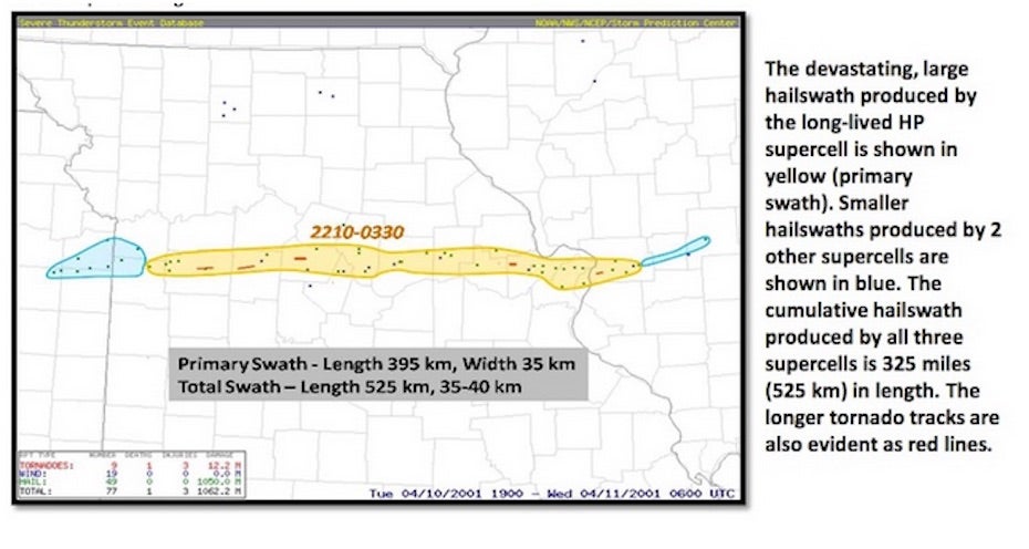 Map and info on Missouri hail swath, 4/10/01