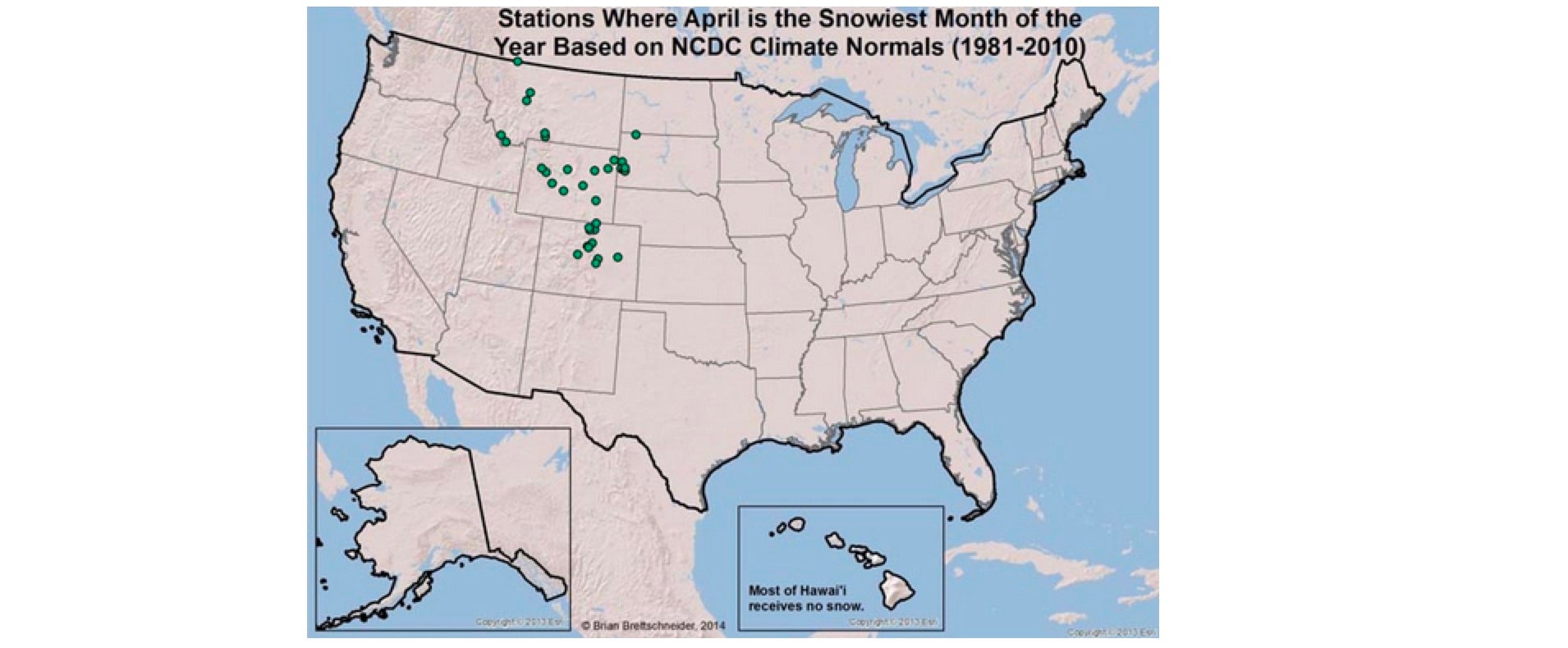 Sites in the U.S. where, on average, April is the snowiest month of the year