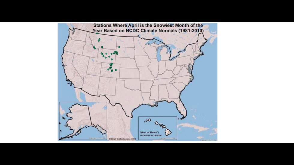 Sites in the U.S. where, on average, April is the snowiest month of the year