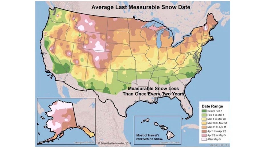 Average date of last measurable snowfall across the U.S.