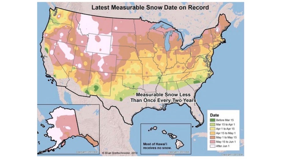 Dates of latest measurable snow on record