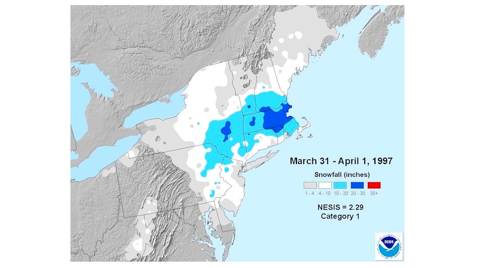 Map of snowfall amounts for blizzard of 3/31-4/1/97