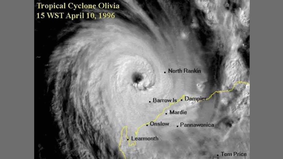 Visible satellite imagery of Tropical Cyclone Olivia, 1996