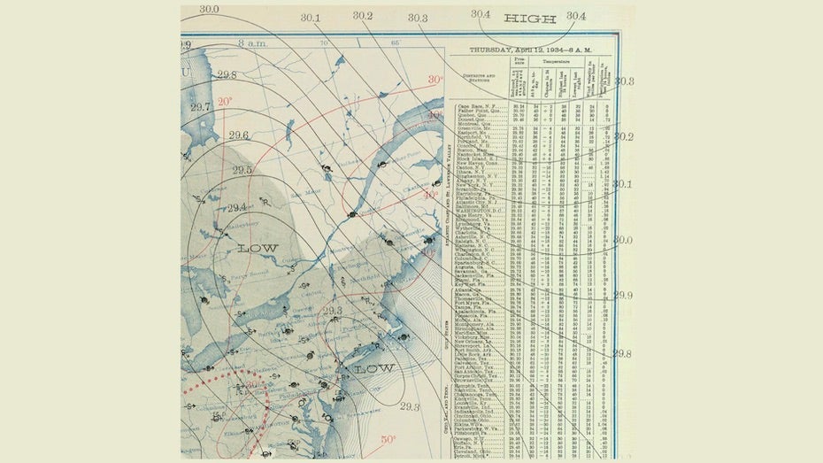 The U.S. Weather Bureau surface analysis for the northeastern U.S. valid at 8 a.m. ET April 12, 1934