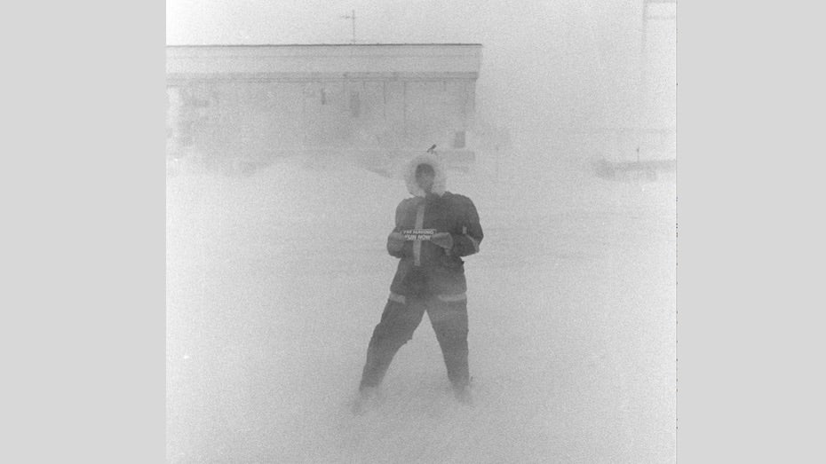 An intense blizzard at Thule Air Force Base in the 1980s