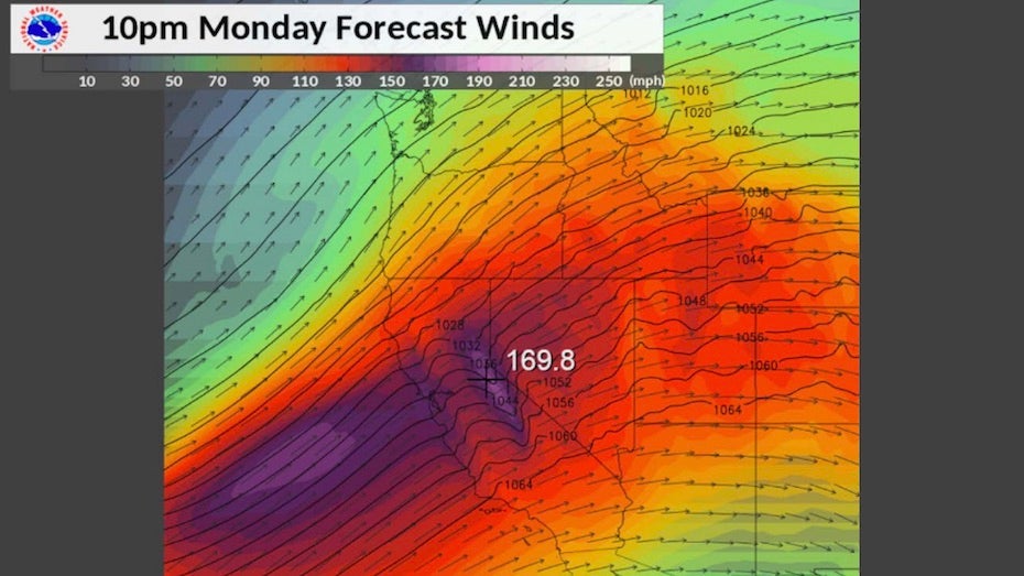 A 12-hour forecast of wind speeds at the jet-stream level just before a 199-mph gust was recorded on Ward Mountain, California, on 2/20/17