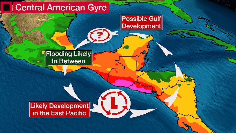 Schematic of Central American Gyre and risk of tropical cyclones and flooding, 5/29/20