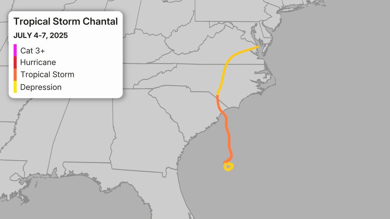 Track history of Tropical Storm Chantal from July 4-7, 2025. 