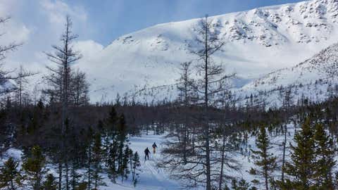 Backcountry skiers hike the Chic-Choc mountains in the region of Gaspésie in Quebec, Canada, on March 2, 2019. (Julien Bessett/AFP/Getty Images)