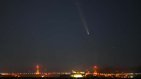 SAN FRANCISCO, CALIFORNIA - OCTOBER 14: Comet Tsuchinshan-Atlas, the C/2023 A3 Tsuchinshan-Atlas comet, the brightest comet of the last 13 years is captured over the Golden Gate Bridge in San Francisco, California, United States on October 14, 2024. (Photo by Tayfun Coskun/Anadolu via Getty Images)