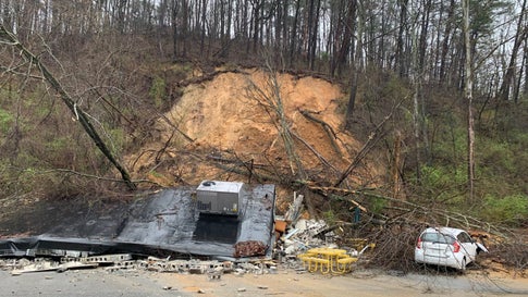 A landslide took out a Subway restaurant on Signal Mountain Blvd. in Chattanooga, Tenn., on Saturday, Feb. 23, 2019, as dangerous rains strike the Deep South. (Twitter/@ChattFireDept)