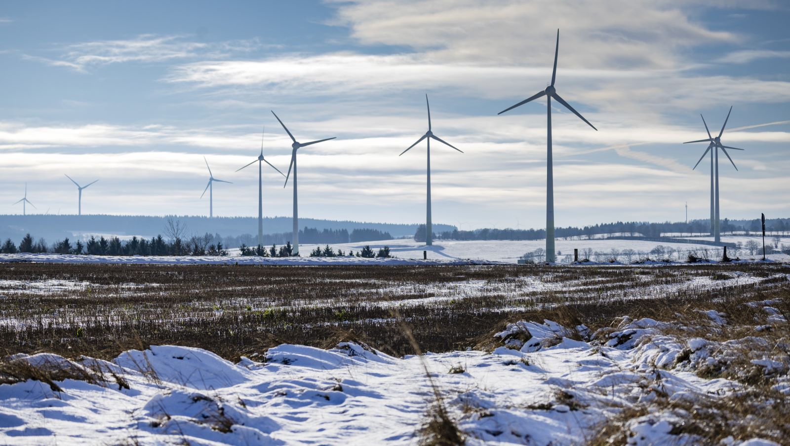 23.11.2025, Nordrhein-Westfalen, Hellenthal: Windkraftanlagen stehen auf einem mit Schnee bedecktem Feld. Foto: Thomas Banneyer/dpa +++ dpa-Bildfunk +++