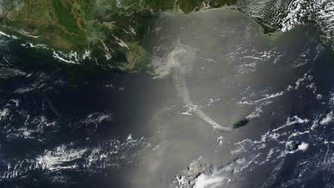 The Deepwater Horizon oil spill as seen in a satellite image from Louisiana State University's Earth Scan lab on May 17, 2010.