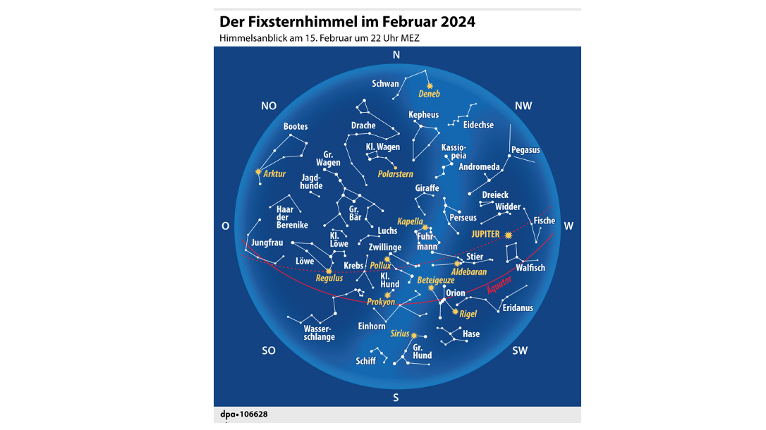 "Der Fixsternhimmel im Februar 2024" (Grafik: S. Stein; Redaktion: D. Loesche)


