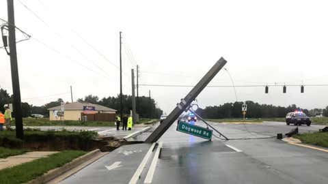 Heavy rains associated with Tropical Storm Cristobal saturated the ground in Florida's Marion County, causing a large sinkhole to form on Sunday, June 7, 2020, alongside State Road 35 at Dogwood Road, the Marion County Sheriff's Office reported. (Facebook/Marion County Sheriff's Office)