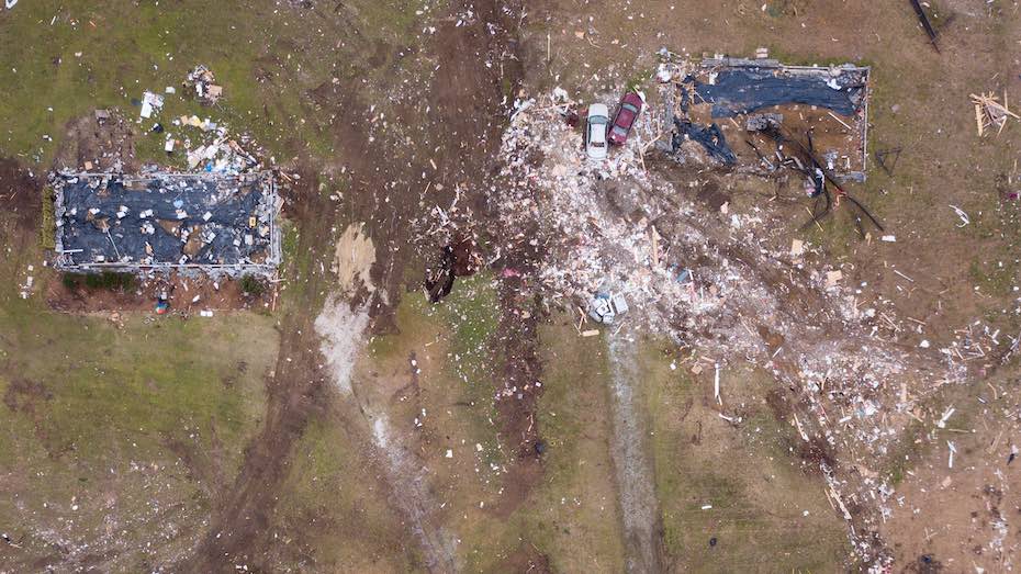 Damage is seen from a drone on March 11, 2019, after the March 3 tornado in Beauregard, AL