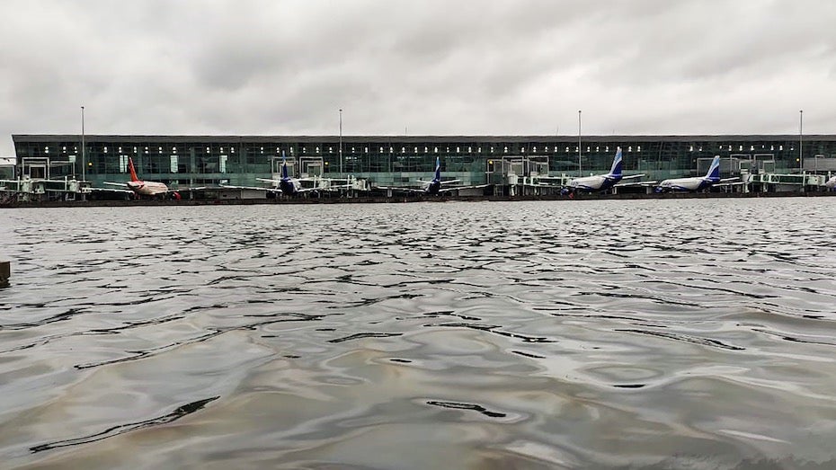 Aircraft at flooded terminal at Kolkata airport after TC Amphan, 5/21/20