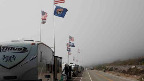 VENTURA, SOUTHERN CALIFORNIA: Recreational Vehicles parked alongside the ocean alongside the Pacific Coast Highway on July 4th. Most Beaches and beach parking are closed from the 3rd through to the 7th of July as California fights rising Covid-19 infections. (Photo by Brent Stirton/Getty Images)