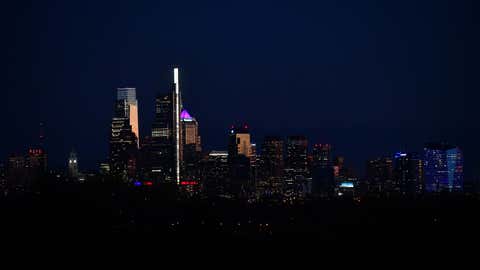 PHILADELPHIA, PA - NOVEMBER 10:  The Philadelphia skyline is seen at dusk seven days after the general election, where votes are still being counted in the convention center on November 10, 2020 in Philadelphia, Pennsylvania. The state was called for Democratic presidential nominee Joe Biden on Saturday, propelling him past the requisite 270 electoral votes to winning the presidency.  As of Tuesday evening, with 98% of the ballots reporting, President-elect Biden leads President Trump by 46,223 votes.  (Photo by Mark Makela/Getty Images)