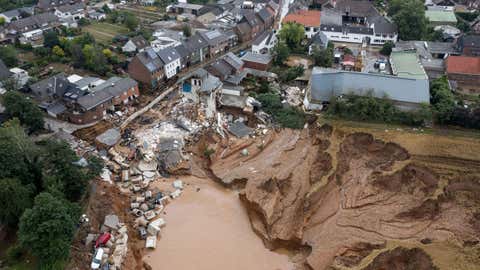 An aerial view shows an area destroyed by the floods in the Blessem district of Erftstadt, western Germany, on July 16, 2021. (SEBASTIEN BOZON/AFP via Getty Images)