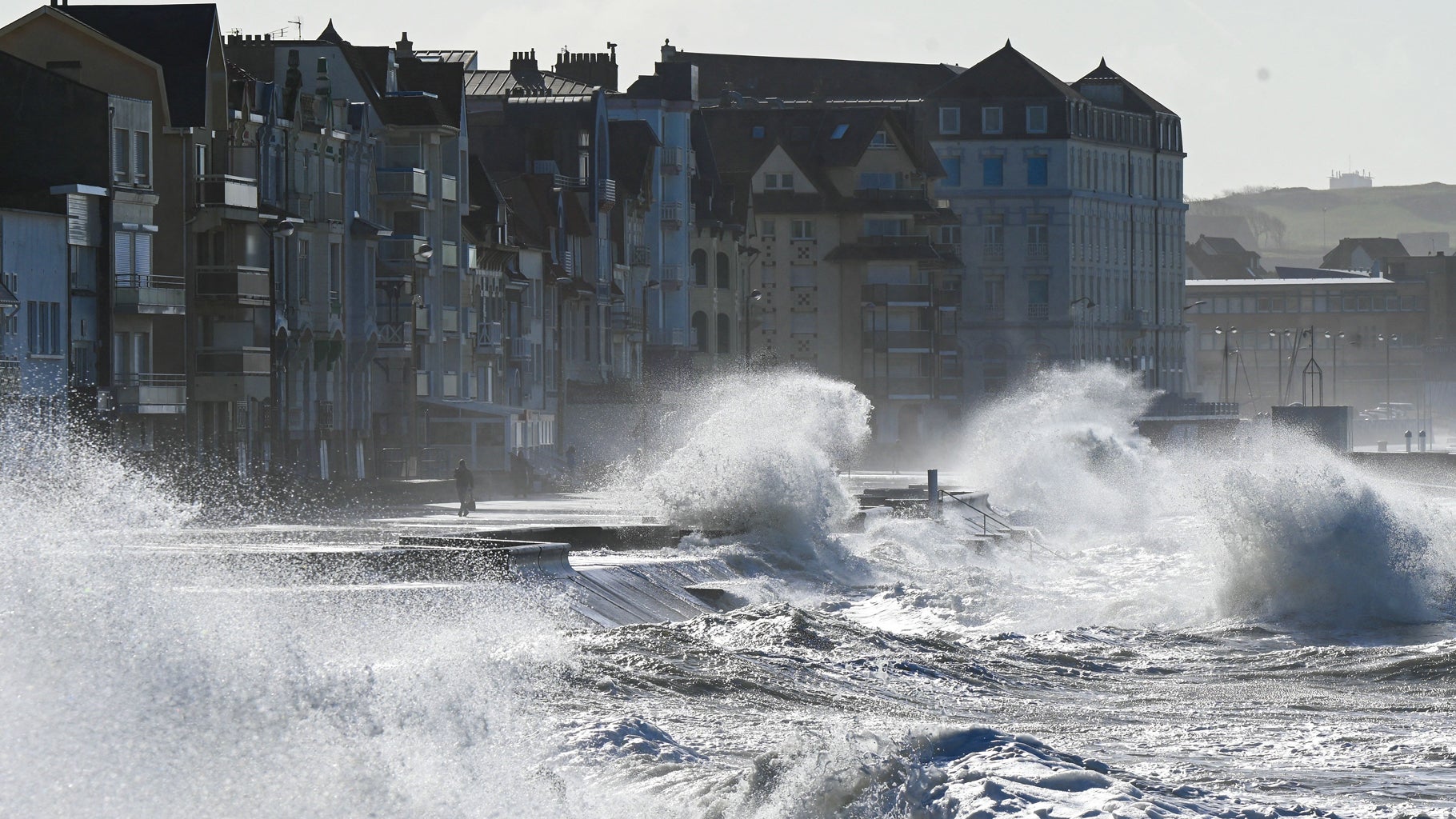 Waves hit the dike in Wimereux, France, on Thursday, Feb. 17, 2022. (Photo by DENIS CHARLET/AFP via Getty Images)