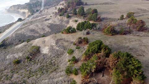 DAVENPORT, CA - DECEMBER 09: Burn scars from the  CZU Lightning Complex Fire are seen from this drone view along Highway 1 in Davenport, Calif., on Wednesday, Dec. 9, 2020. The fire tore through the area in late August and burned all the way to the coast. (Jane Tyska/Digital First Media/The Mercury News via Getty Images)