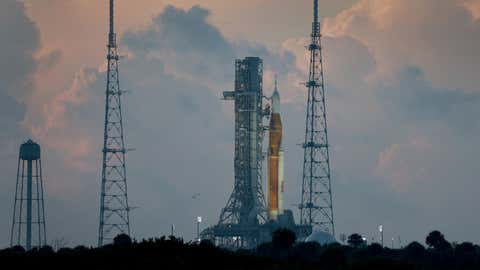 CAPE CANAVERAL, FLORIDA - AUGUST 30: NASA's Artemis I rocket rests on Launch Pad 39-B at Kennedy Space Center in Cape Canaveral, Florida on August 30, 2022. The Artemis I launched was washed yesterday after a problem was found with one of her four engines on the rocket. The next launch opportunity is September 2nd. (Photo by Joe Raedle/Getty Images)