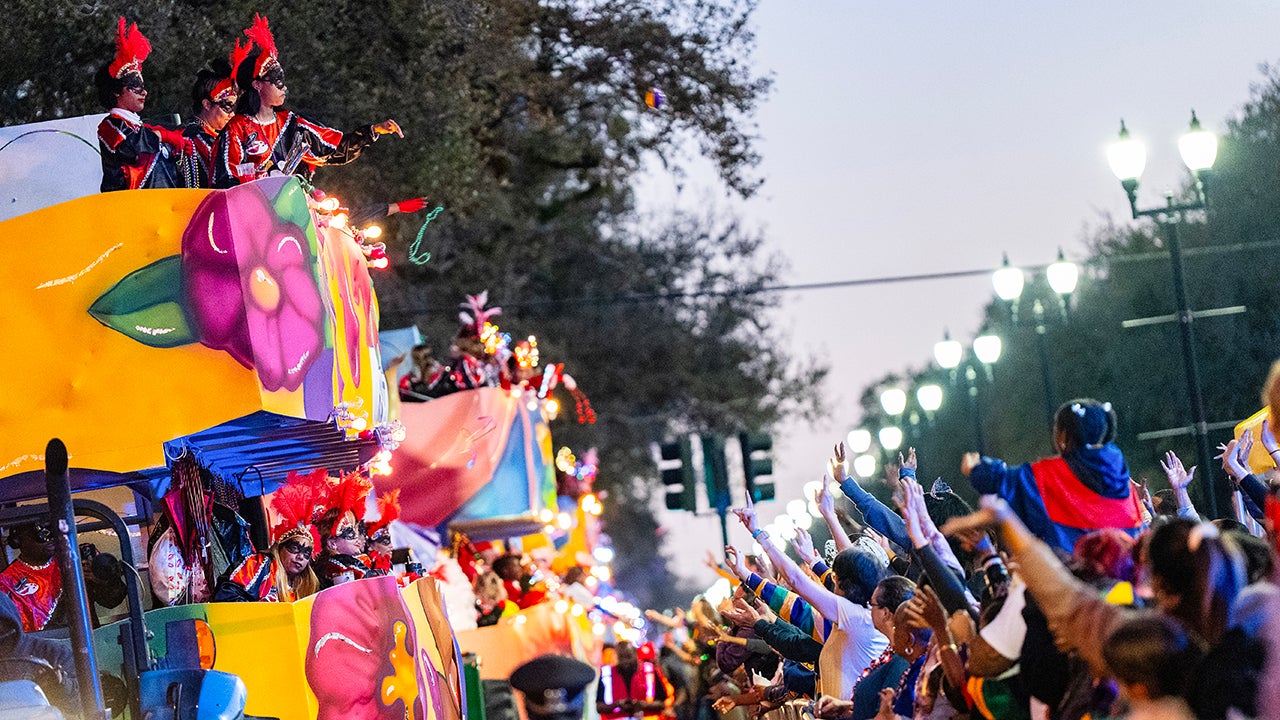 The Mystic Krewe of Femme Fatale parades down a New Orleans street as Mardi Gras celebrations begin early on Feb. 25, 2025. (Erika Goldring/Getty Images)