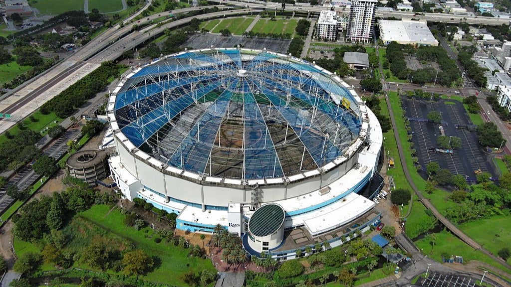 A general overall aerial view of Tropicana Field and stadium dome damage from Hurricane Milton on August 25, 2025 in St. Petersburg, Florida. (Photo by Kirby Lee/Getty Images)