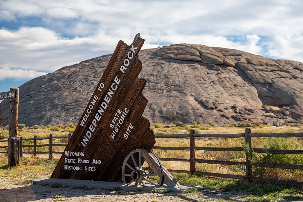 Alcova, Wyoming, Independence Rock, where more than 5,000 emigrants carved their names while heading west on wagon trails to California, Oregon, or Utah. (Photo by: Jim West/UCG/Universal Images Group via Getty Images)