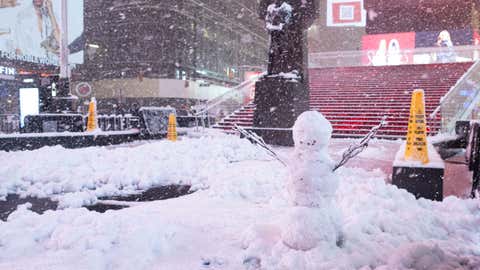 A snowman is seen in Times Square on Feb. 22, 2026, in New York, New York. (Photo by Noam Galai/Getty Images)