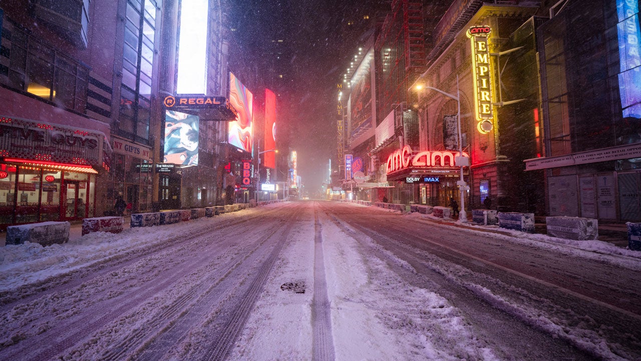 A view of Times Square covered in snow after midnight as the city braces for a blizzard, Feb. 23, 2026, in New York City. (Photo by Craig T Fruchtman/Getty Images)