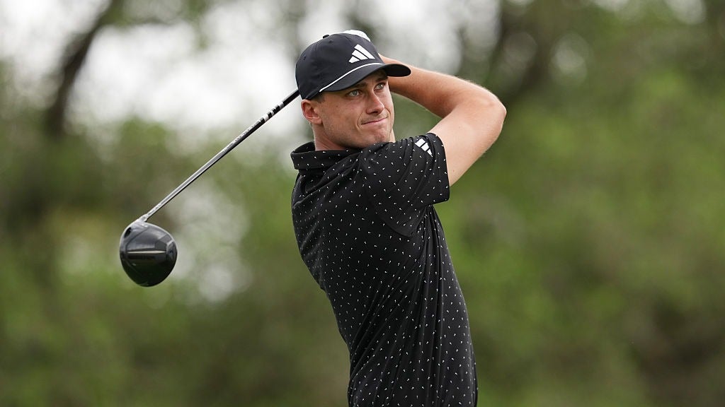 Ludvig &Aring;berg of Sweden plays his shot from the second tee during the third round of the Valero Texas Open 2026 at TPC San Antonio on April 04, 2026 in San Antonio, Texas. (Photo by Dylan Buell/Getty Images)