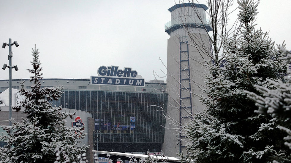 Foxborough, MA - December 14: Snow falls on the stadium before the game. The New England Patriots played the Buffalo Bills at Gillette Stadium on December 14, 2025. (Photo by Danielle Parhizkaran/The Boston Globe via Getty Images)