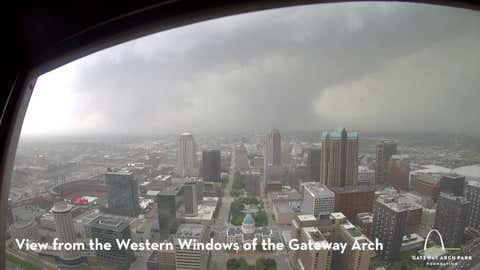 A damaging tornado struck the St. Louis metro area, captured by a camera providing a live feed atop The Gateway Arch.