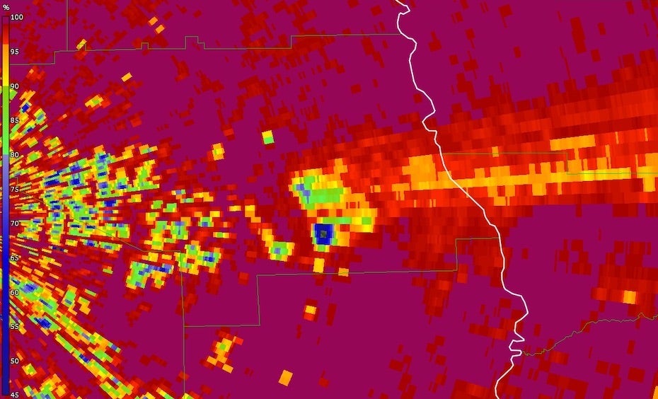 Correlation coefficient from radar data on supercell that spawned the Lee County tornado, 3.3.19