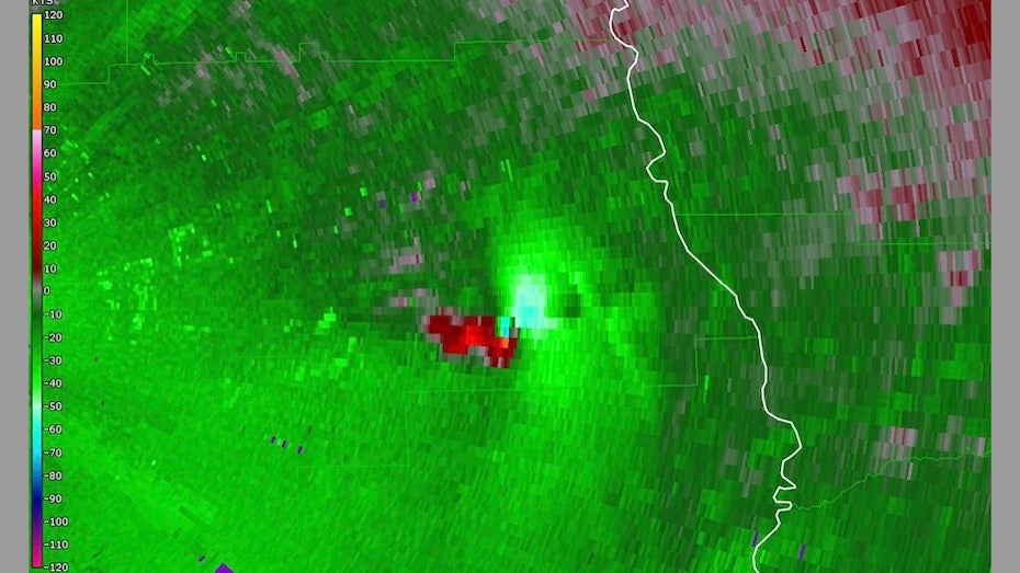 Storm-relative velocities from radar data on supercell that spawned the Lee County tornado, 3.3.19