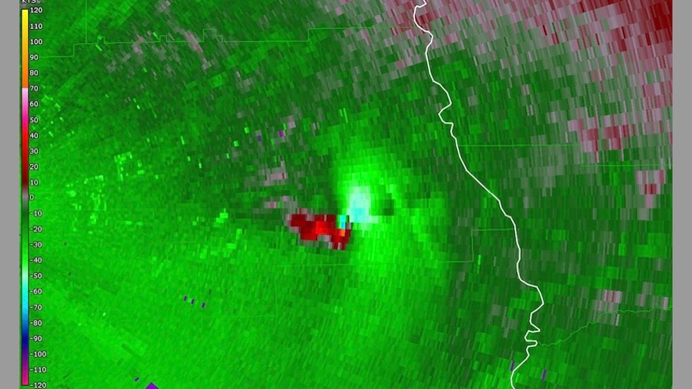 Storm-relative velocities from radar data on supercell that spawned the Lee County tornado, 3.3.19