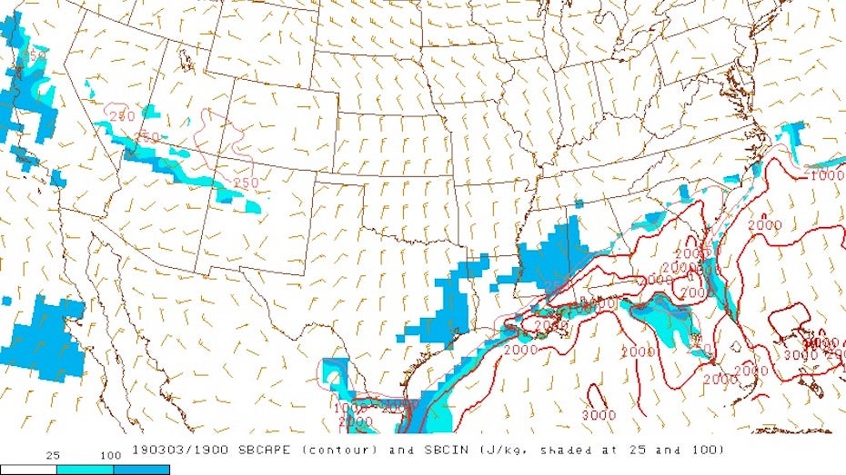 Analysis of CAPE values over southeast U.S. at 19 UTC 3.3.19