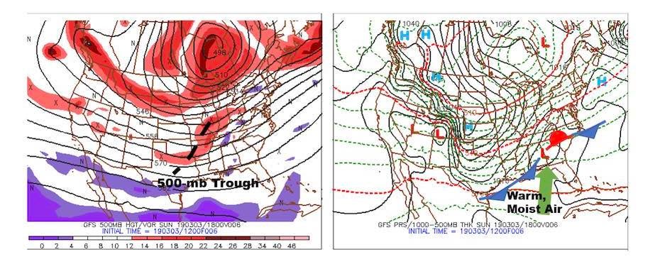Upper-level and surface 6-hr forecast from GFS model valid at noon CST 3.3.19
