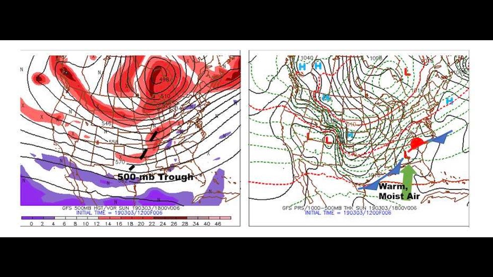 Upper-level and surface 6-hr forecast from GFS model valid at noon CST 3.3.19